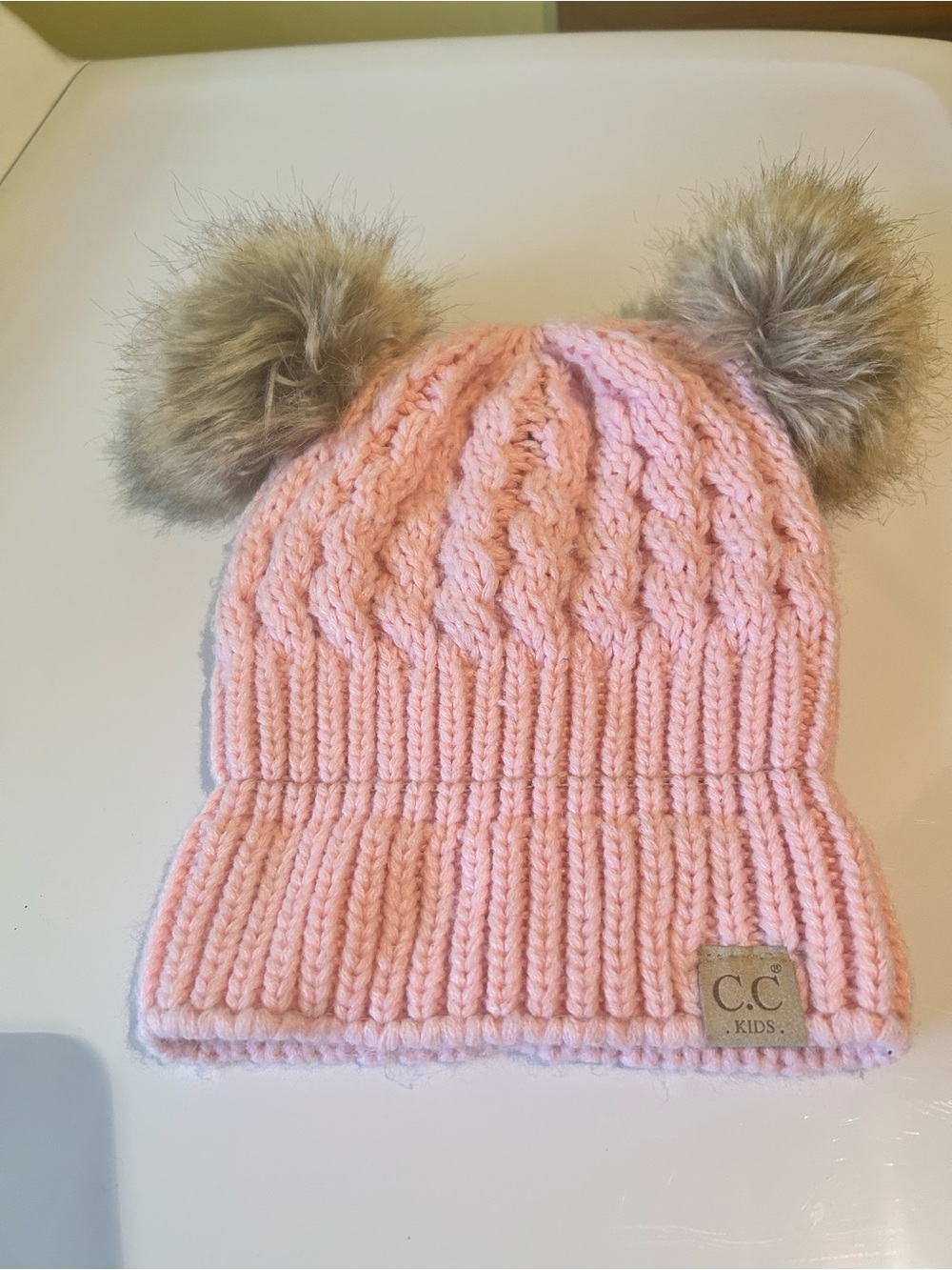 C.C Kids Light Pink Cable Knit Hat with Faux Fur Double Poms